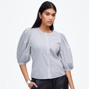 Madewell Size 4 Puff-Sleeve Button-Up Top in Stripe Dark Blue & White Stripe